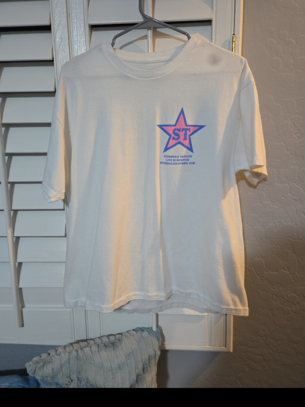 White Graphic Tee with Pink & Blue Star Logo